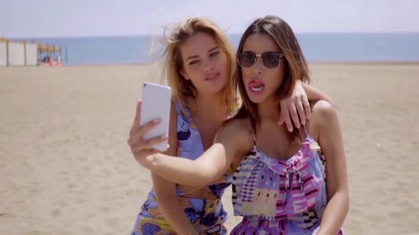 Juguetonas mujeres jóvenes posando para selfie — Vídeo de stock