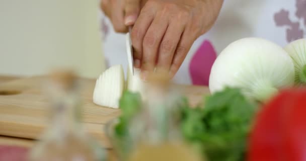 Close-up op handen snijden uien — Stockvideo