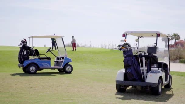 Carros de golf en el campo de golf — Vídeos de Stock