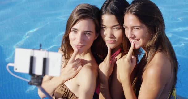 Mulheres jovens bonitas posando para selfie — Vídeo de Stock