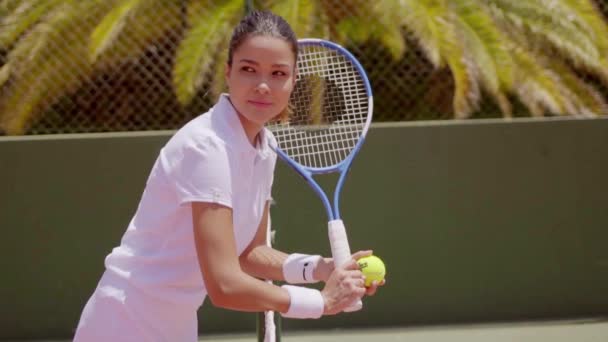 Atleta con pelota y raqueta practicando movimientos — Vídeos de Stock