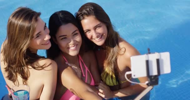 Three happy young women taking their selfie — Stock Video