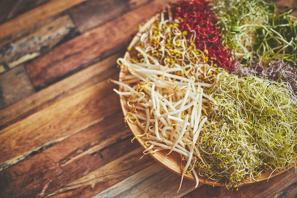 Vegetarische Konzeptkost. Ein Satz verschiedener gekeimter Samen für gesunde Ernährung auf einem Holzteller — Stockfoto