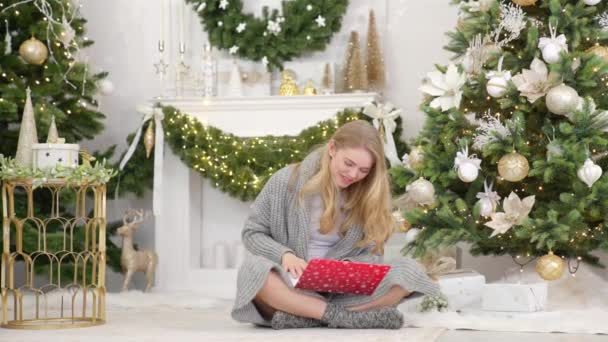 Gelukkig jong vrouw het hebben van video chat op laptop in kerst ingericht woonkamer — Stockvideo