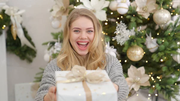 Mujer joven sonriente y feliz con caja de regalo de Navidad cerca del árbol de Navidad. — Foto de Stock