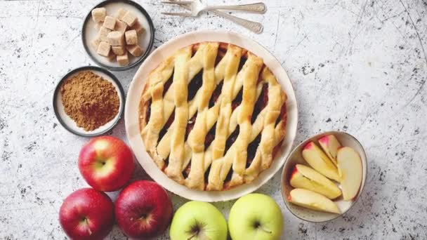 Köstlicher Apfelkuchen mit frischem Obst, braunem Zucker und Puderzucker — Stockvideo