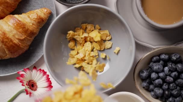 Häll cornflakes i frukostskålen. Fallande ovanifrån — Stockvideo