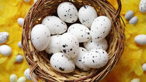 Concepto de vacaciones de Pascua. Pollo punteado blanco Huevos en el mimbre — Vídeos de Stock