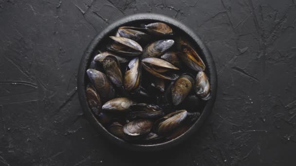 Świeże i surowe małże morskie w czarnej ceramicznej misce umieszczone na ciemnym kamiennym tle — Wideo stockowe