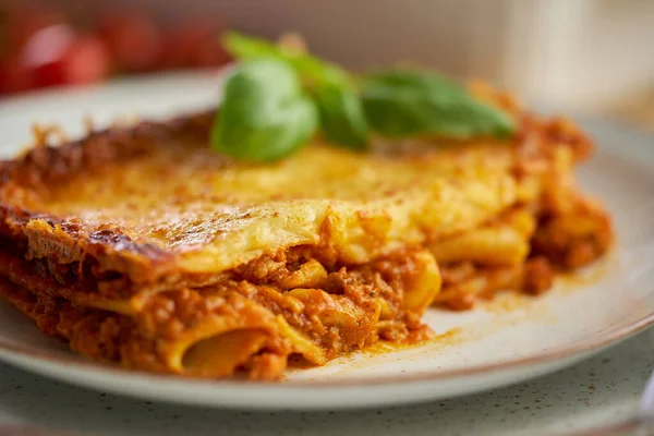 Kotitekoinen maukasta lihaa lasagne tuoretta basilikaa ja parmesaania juusto lautasella puinen tausta — kuvapankkivalokuva