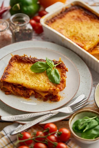 Herkullinen lasagne bolognese pippurilla, tomaatilla ja juustolla — kuvapankkivalokuva
