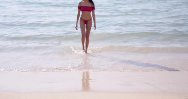 Urocza brunetka w czerwonym stroju kąpielowym stojąca na plaży — Wideo stockowe