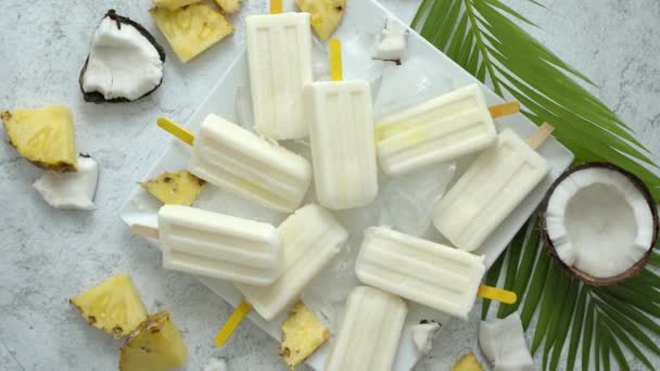 Hemlagad vegansk glass gjord på kokosmjölk och ananas. Läckert hälsosamt sommarmellanmål — Stockvideo