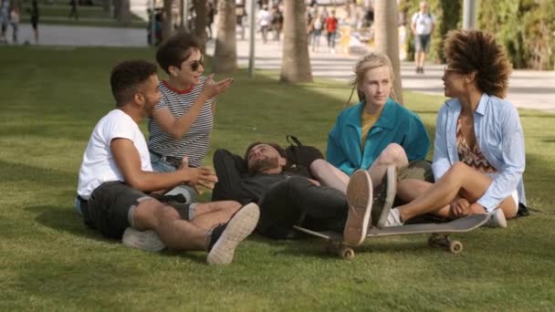 Riendo diversos amigos que se relajan en el parque — Vídeos de Stock