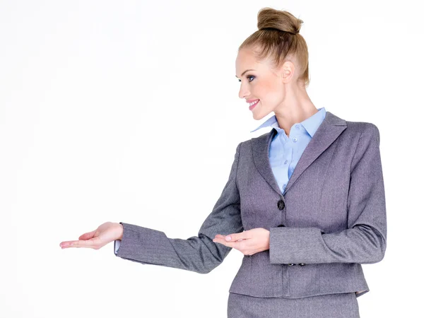 Businesswoman Holding Hands Out to Side — Stock Photo, Image