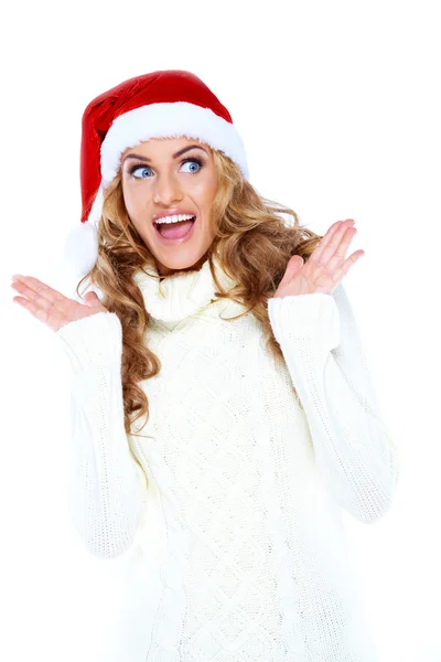 Noel Baba şapkası sürpriz güzel beyaz kadın — Stok fotoğraf