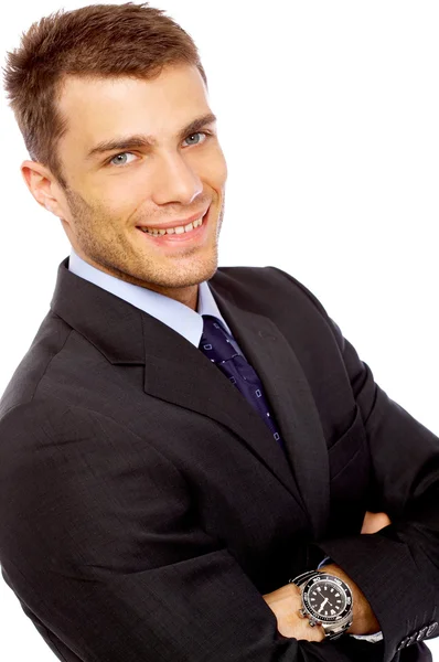 Selbstbewusster junger Geschäftsmann auf weißem Hintergrund lizenzfreie Stockbilder