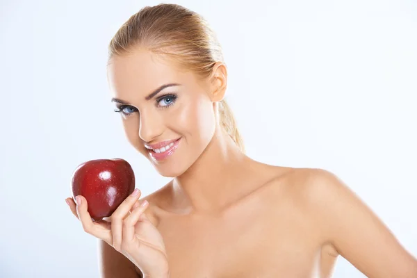 Bare Attractive Woman Holding Dark Red Apple — Stock Photo, Image