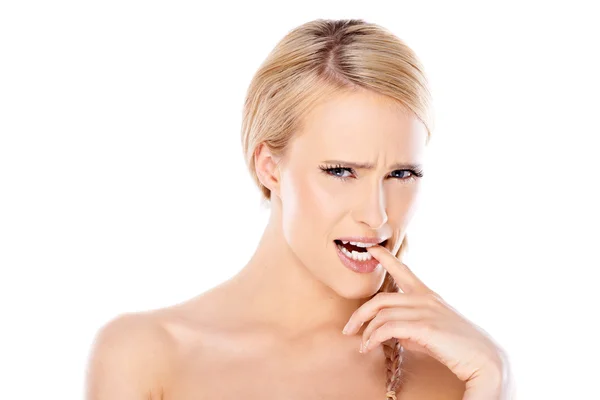 Bare Woman Biting her Finger in About to Cry Face — Stock Photo, Image