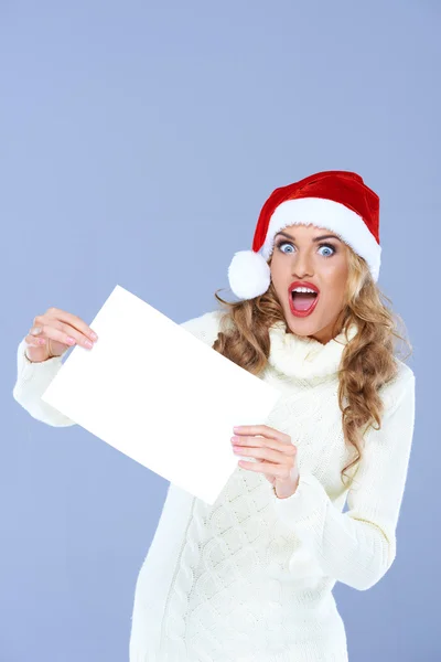 Christmas Woman with Blank Paper — Stock Photo, Image