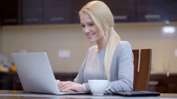 Улыбающаяся деловая женщина, печатающая на ноутбуке — стоковое видео