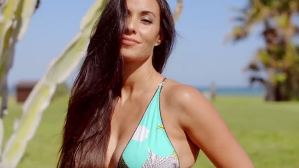 Sexy donna in bikini reggiseno — Video Stock