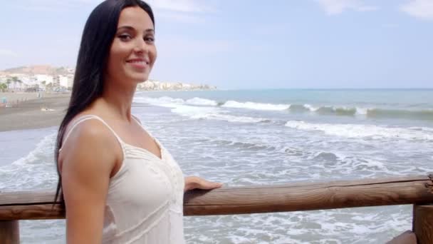 Szép hölgy a strand korlát — Stock videók