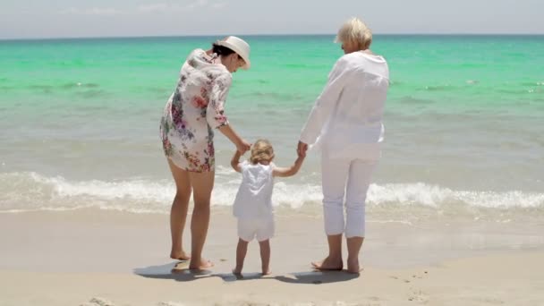 Бабушка и малышка на берегу моря — стоковое видео