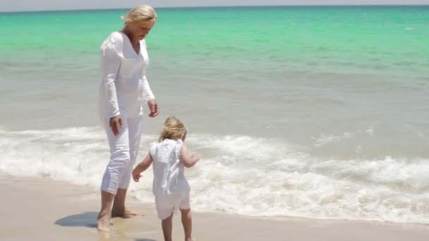 Бабушка и маленькая девочка на пляже — стоковое видео