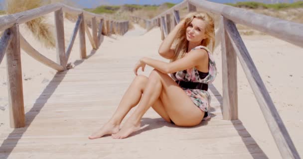 Blond Model Posing on Sandy Beach — Stock Video