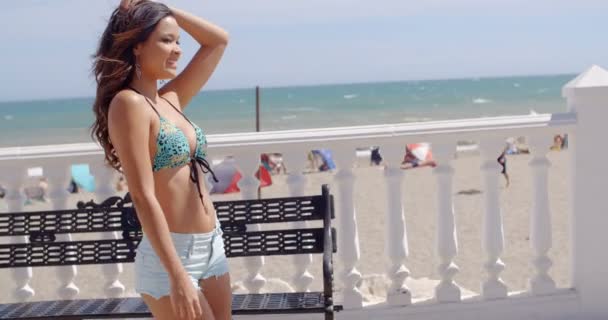 Sexy young woman strolling along a promenade — Stockvideo