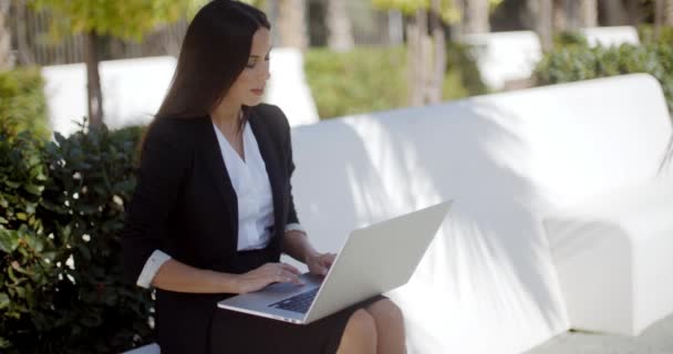 Empresaria trabajando en un portátil en un parque — Vídeos de Stock