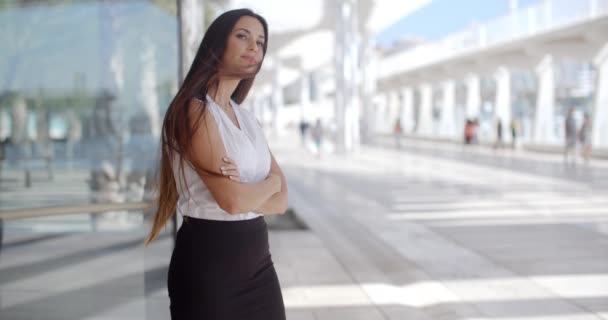 Gewandte Geschäftsfrau an der Promenade — Stockvideo