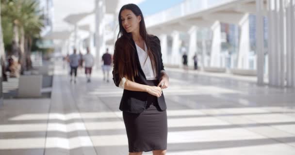 Happy Beautiful Business Woman Standing Outdoor — Stock Video