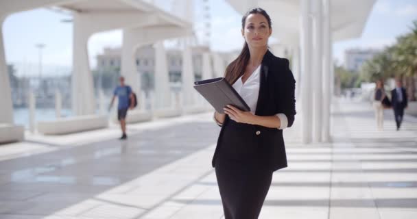 Elegante zakenvrouw op een promenade aan zee — Stockvideo