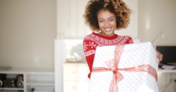 Sexy afrikanisch-amerikanische Frau mit Weihnachtsgeschenk — Stockvideo