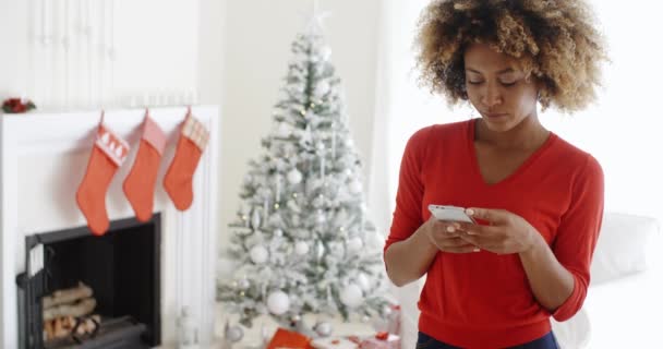 Woman checking Christmas messages — Stock video