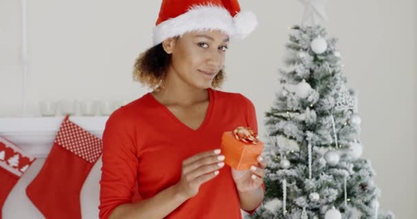 Mujer sosteniendo regalo de Navidad — Vídeos de Stock