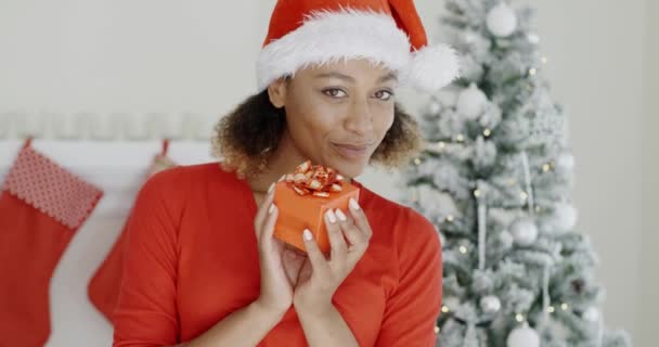 Γυναίκα κρατώντας χριστουγεννιάτικο δώρο — Αρχείο Βίντεο