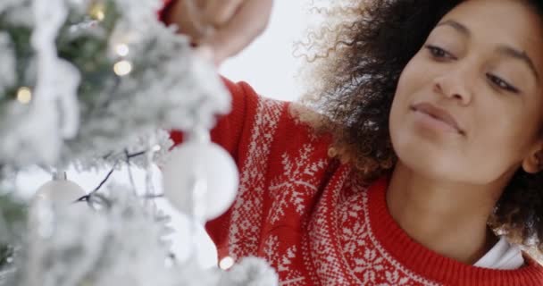 Mulher que decora árvore de Natal — Vídeo de Stock