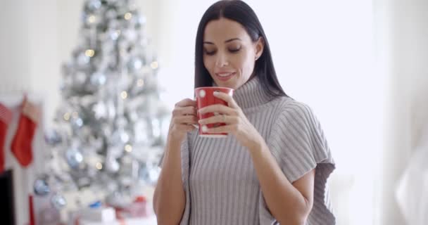 Woman enjoying cup of Christmas coffee — Αρχείο Βίντεο