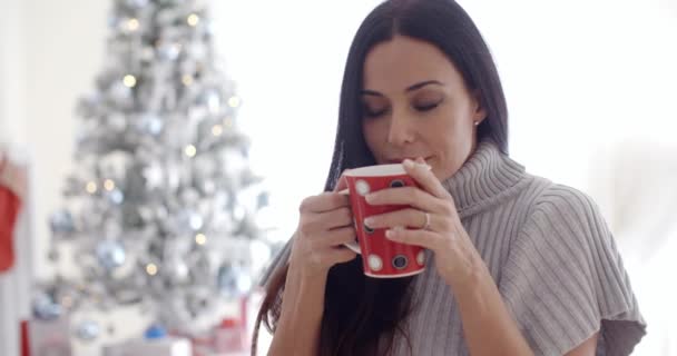 Mulher desfrutando xícara de café de Natal — Vídeo de Stock