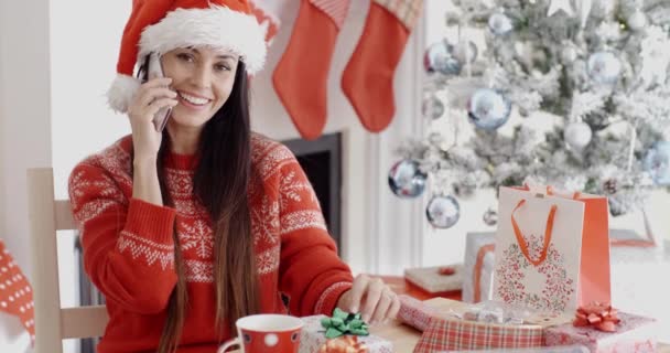 Woman making Christmas greeting call — Stock video