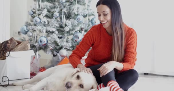 Lachende vrouw met hond met Kerstmis — Stockvideo