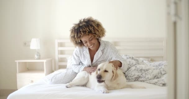 Woman holding dog on bed — Stock Video