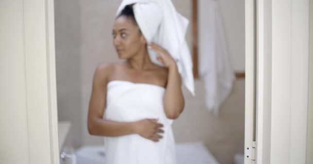 Woman wrapped in towels — Stock Video