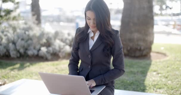 Mujer de negocios trabajando en el ordenador portátil al aire libre — Vídeo de stock