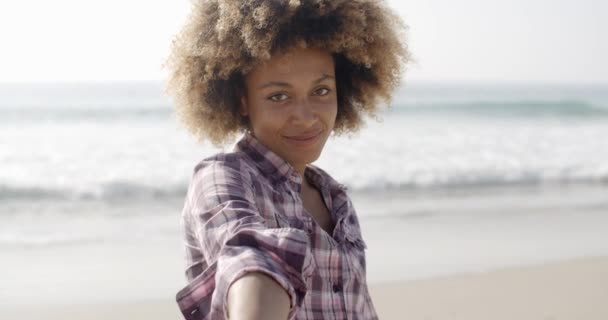 Happy Woman Giving Hand On Beach — Stock Video