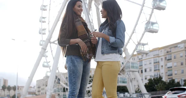 Women chatting in front of ferris wheel — Stock Photo, Image