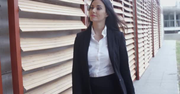 Business woman in hurry walking alongside building — стоковое видео